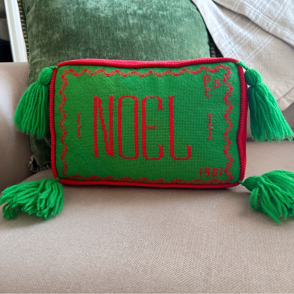 Hand Made Cross Stitch NOEL Pillow with Tassels Vintage 1981